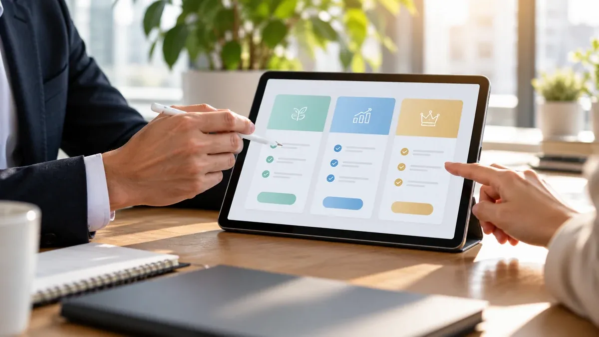 Business colleagues review product plan options on a tablet