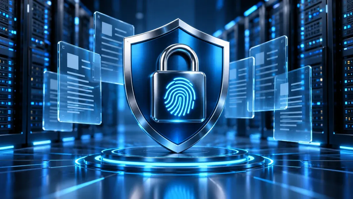 A shield, lock and server racks represent security and privacy