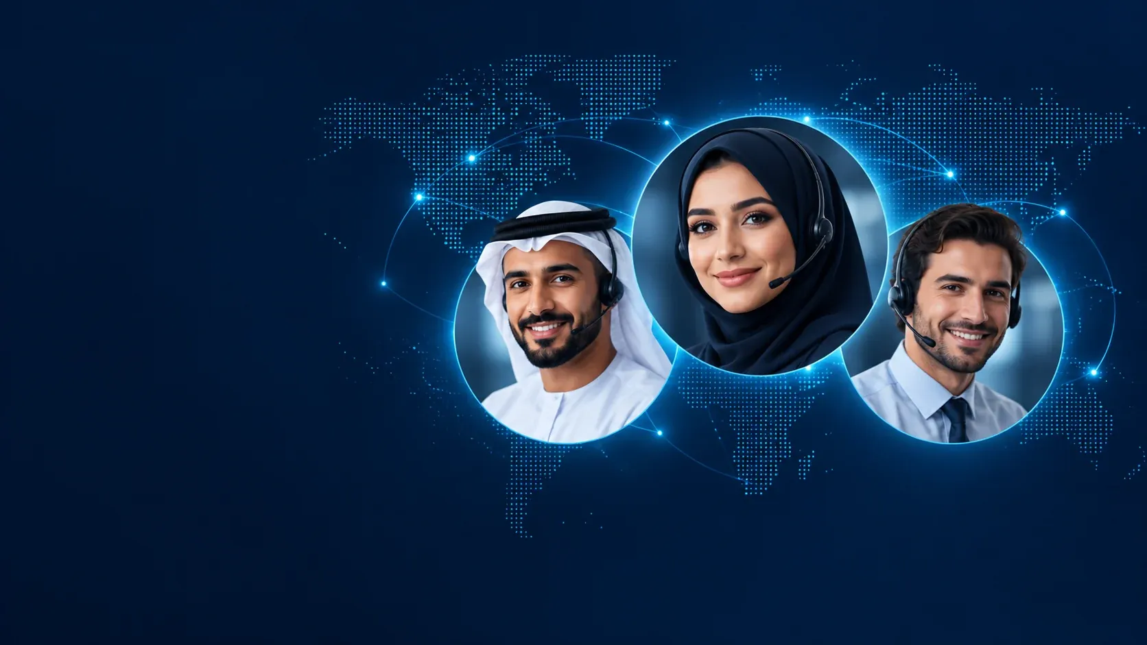 Illustrative support team portraits on a navy world map