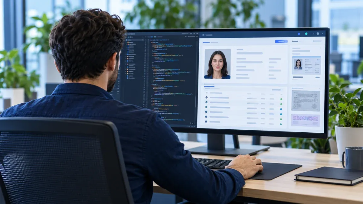 A developer works with a code editor and an illustrative document application
