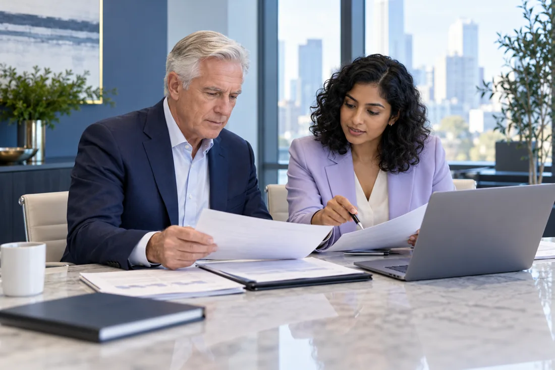 Professionals coordinating an illustrative travel and hospitality document handover