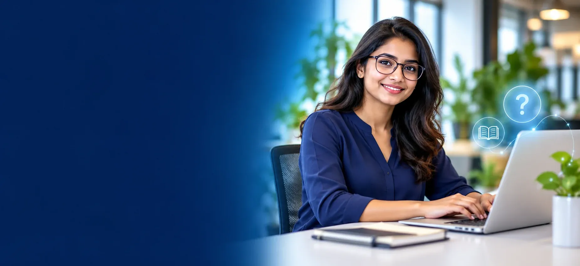 An Indian professional finds guidance while working at her laptop