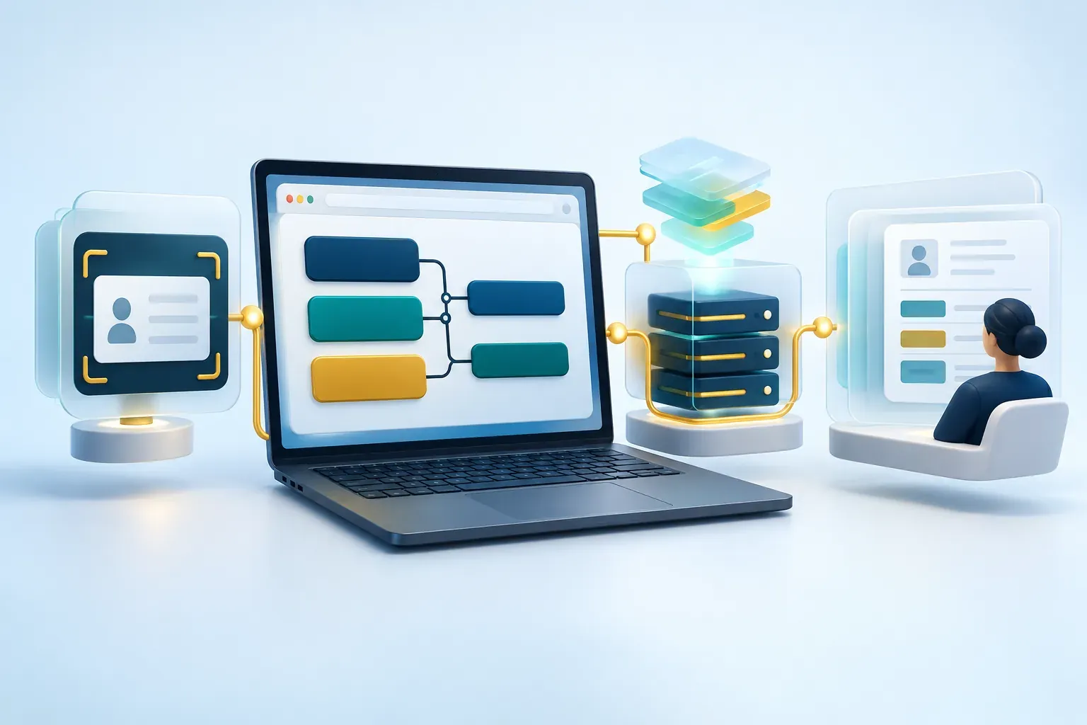 A laptop connects modular browser components into a document capture workflow.