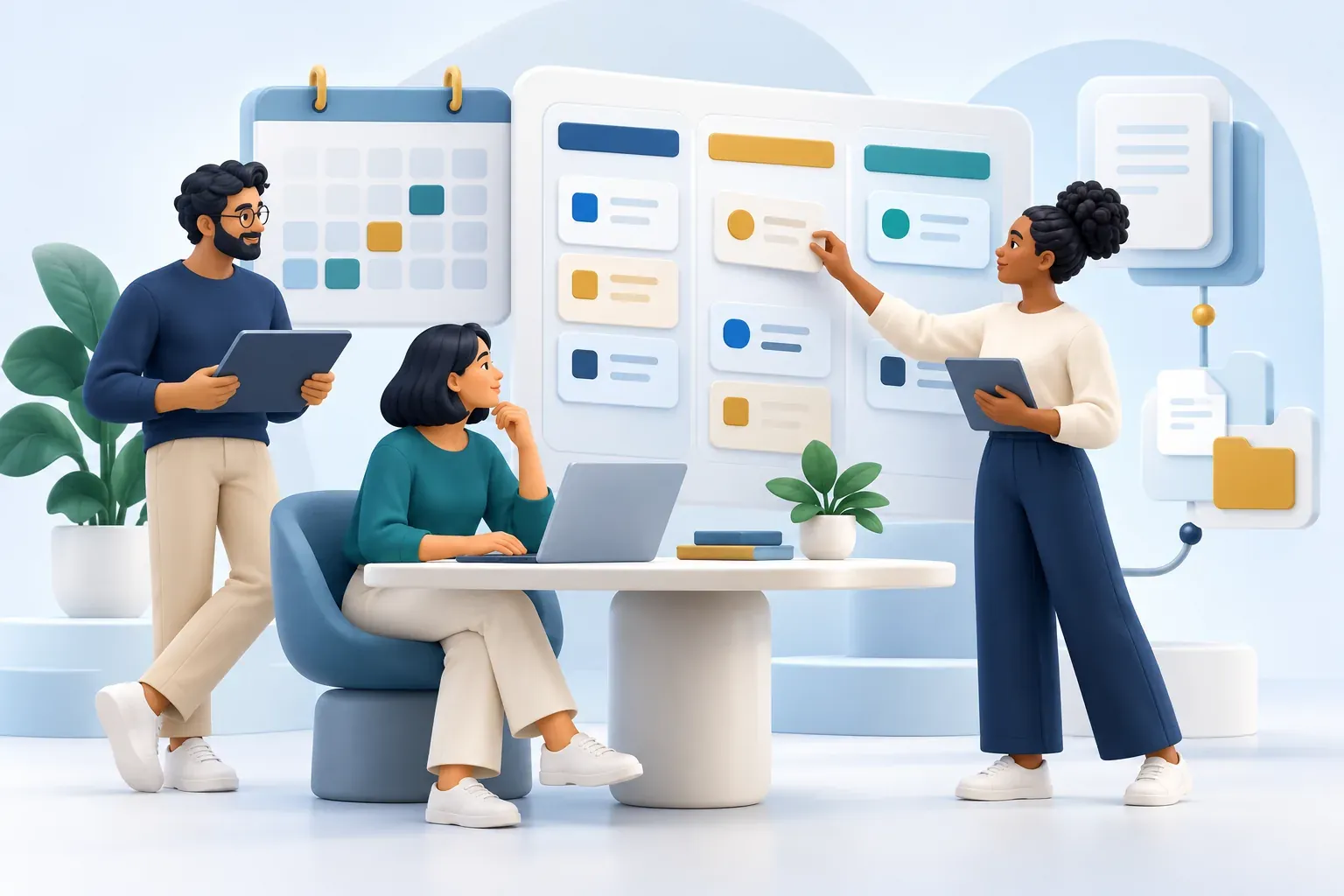 A diverse illustrated team organizes project cards and a shared workflow board.