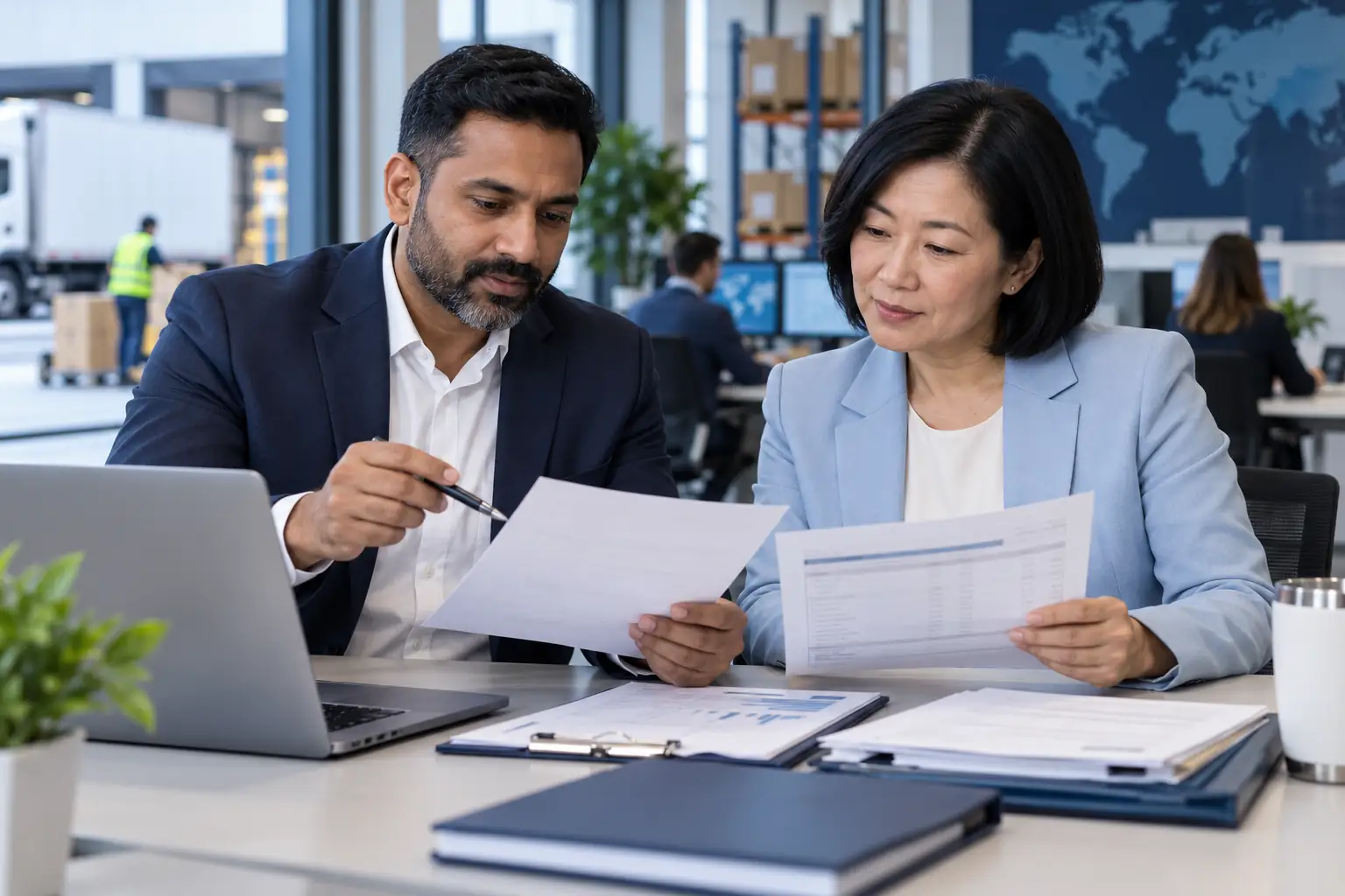 Professionals coordinating an illustrative logistics and trade document handover