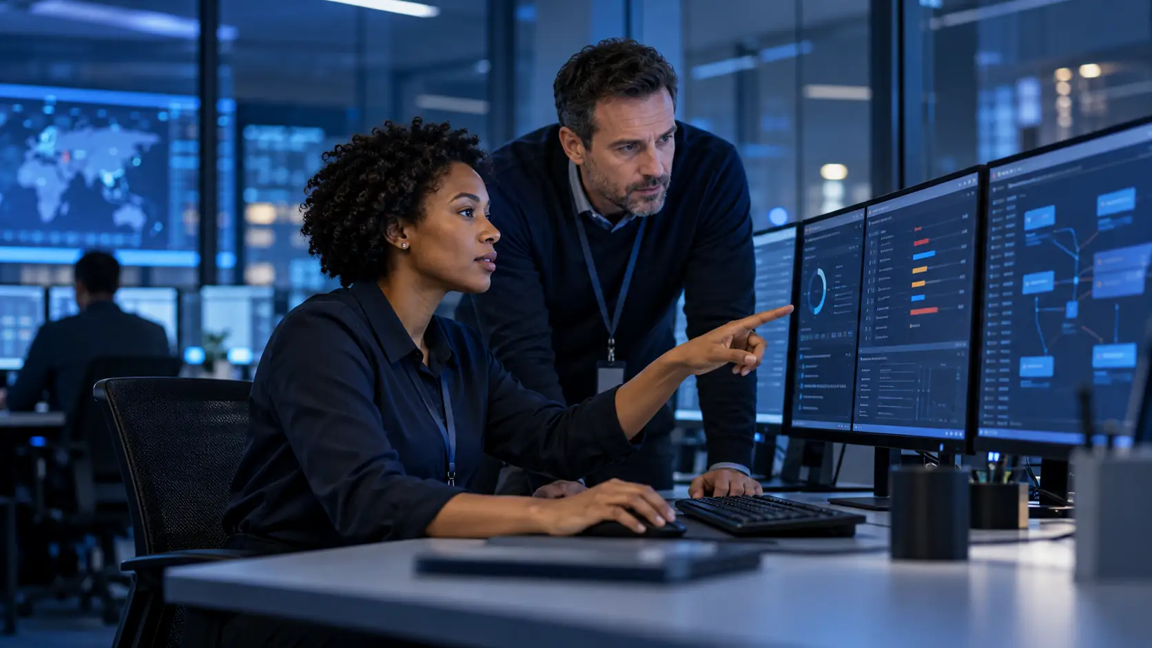 Security analysts reviewing application findings in a realistic security office