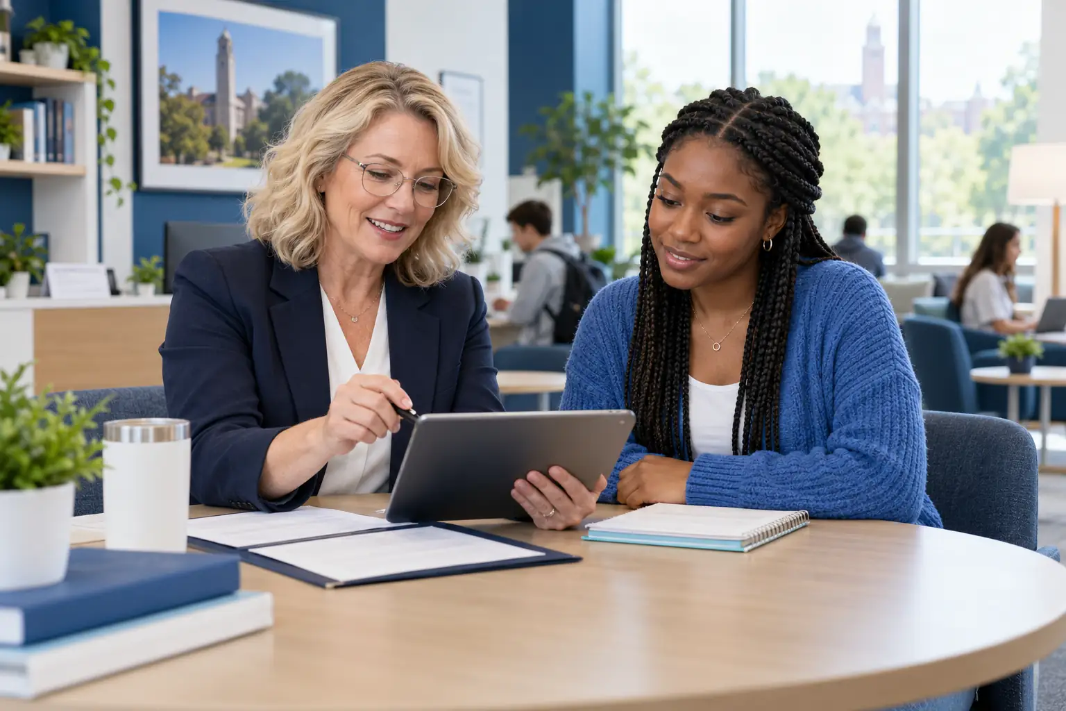 University adviser helping an international student review enrollment documents