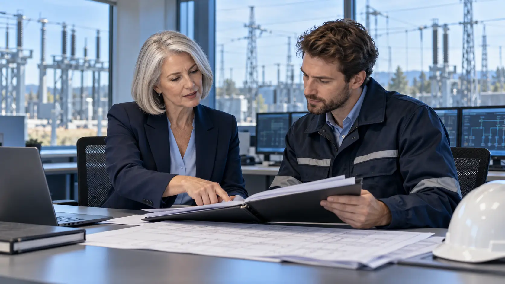 Utility operations manager and contractor reviewing service plans at an infrastructure site