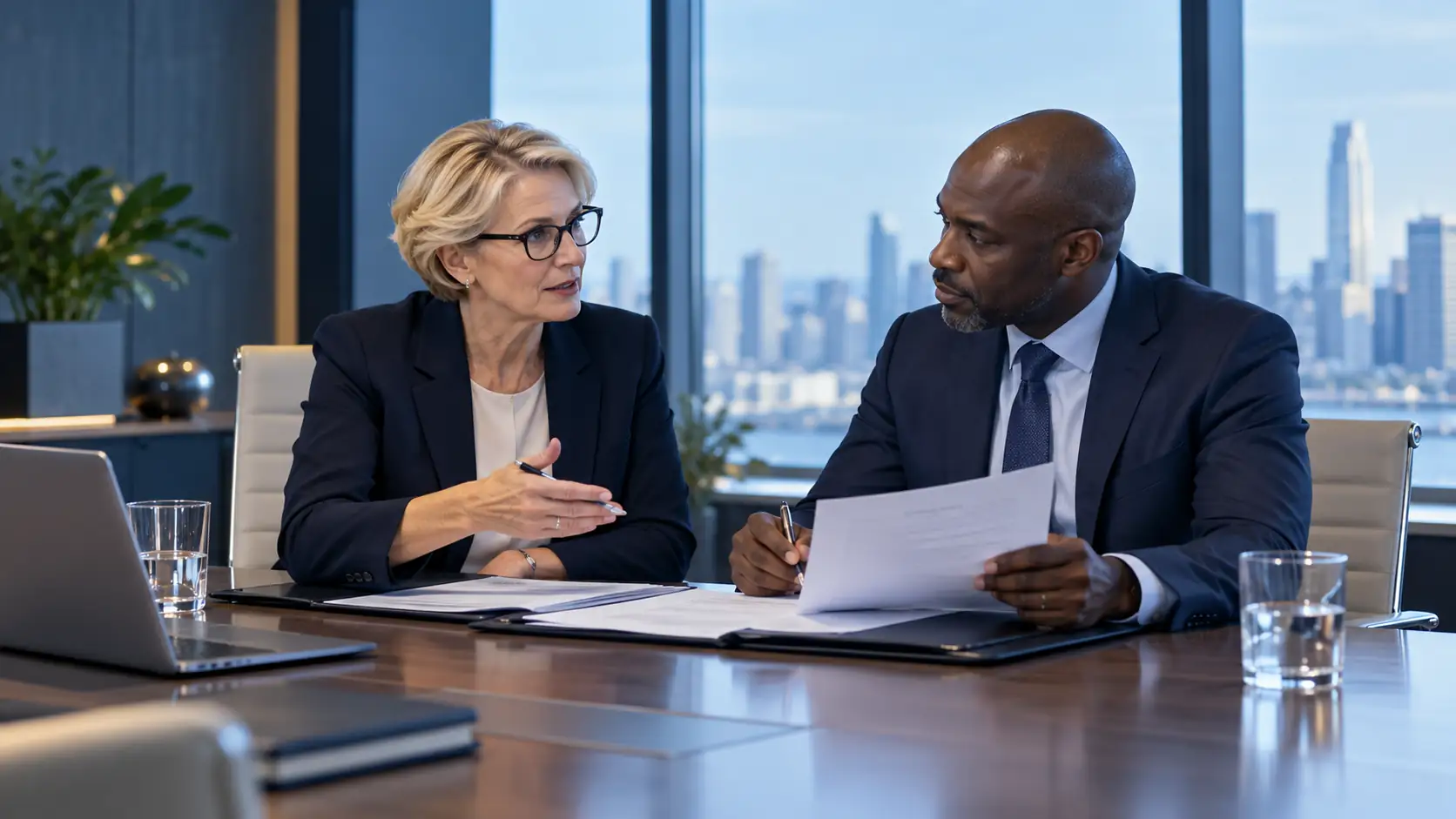 Professionals coordinating an illustrative cybersecurity and technology document handover