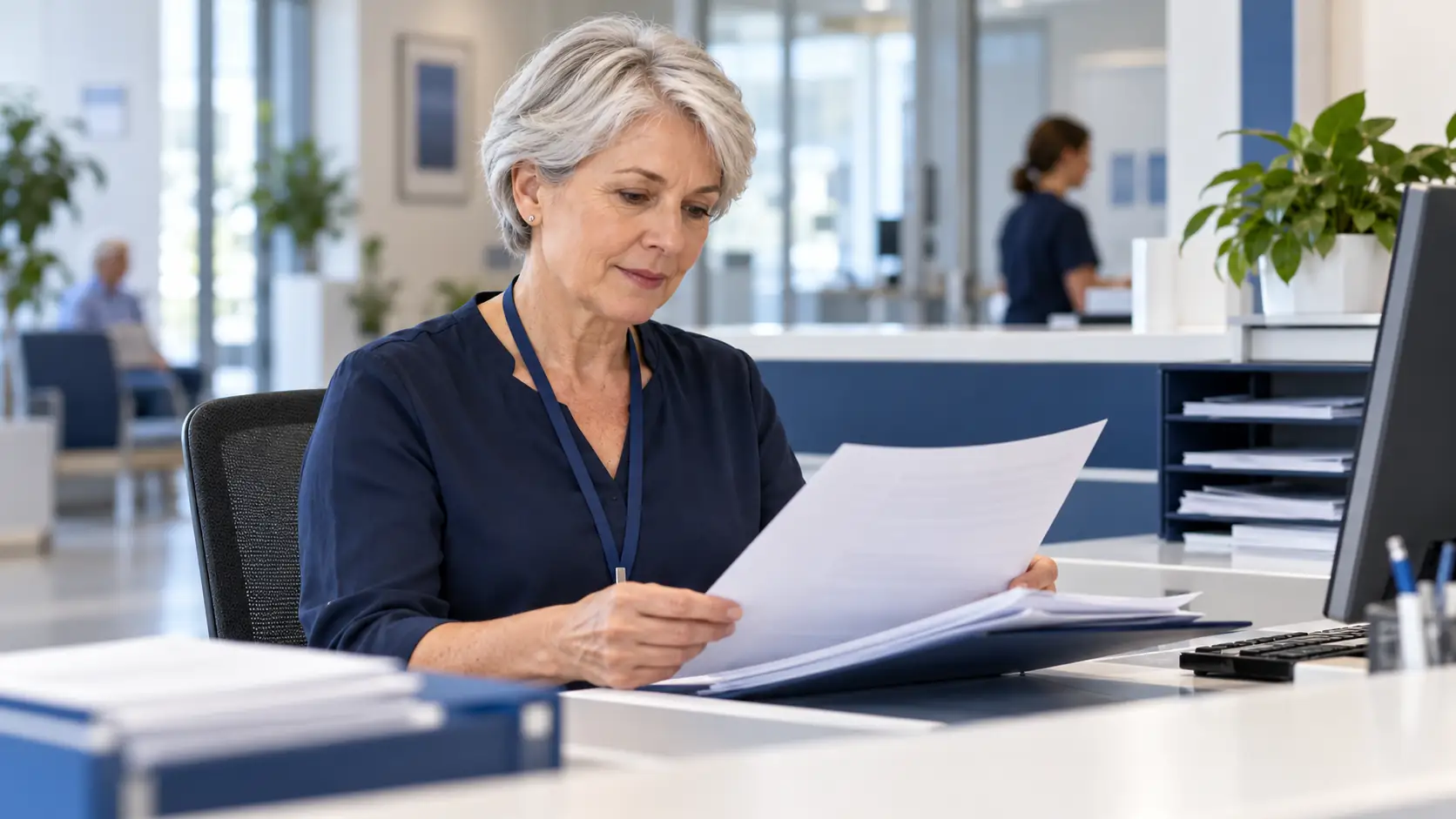 Professional reviewing administrative supporting documents for healthcare
