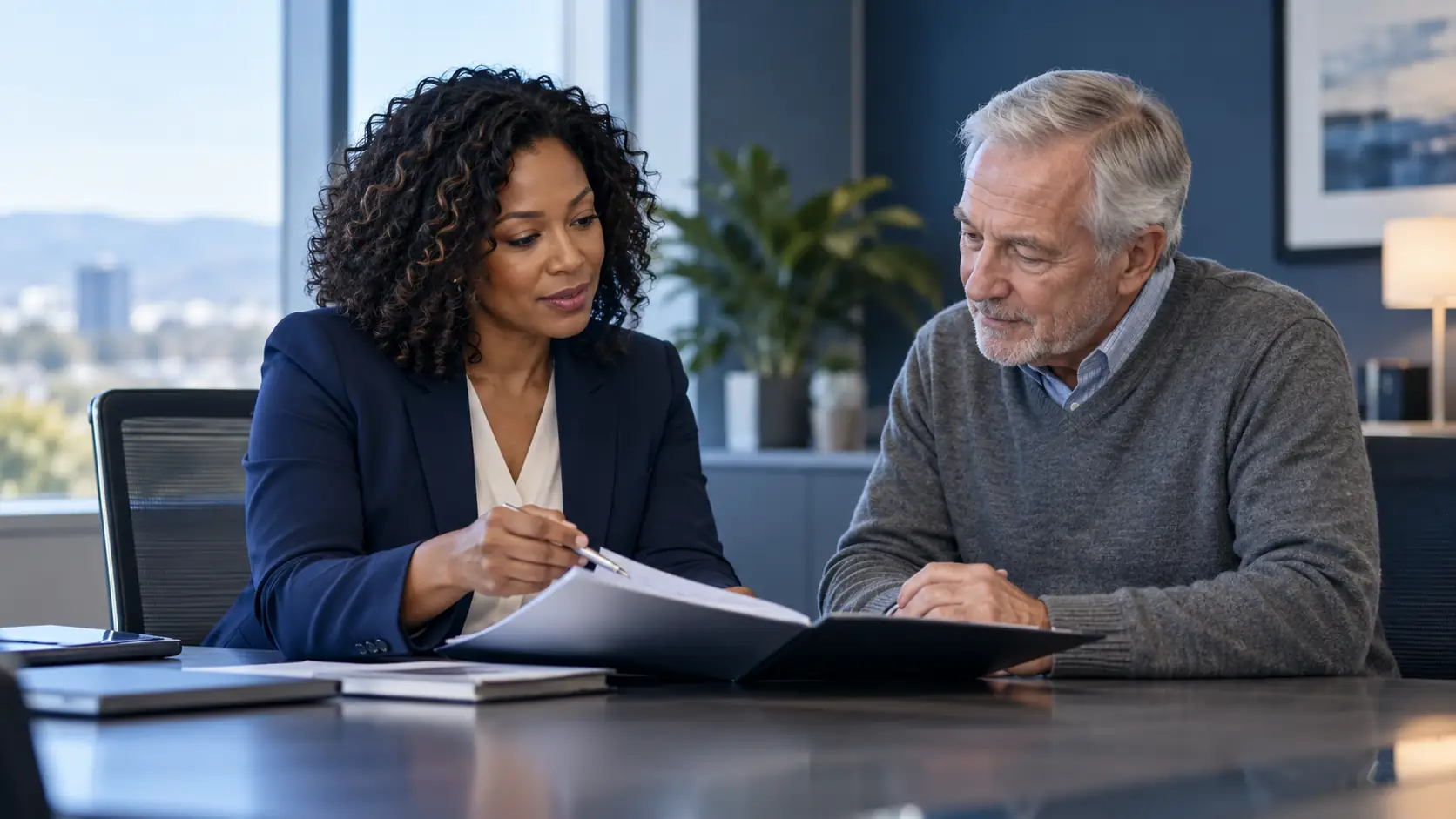 Insurance adviser reviewing a claims folder with a policyholder