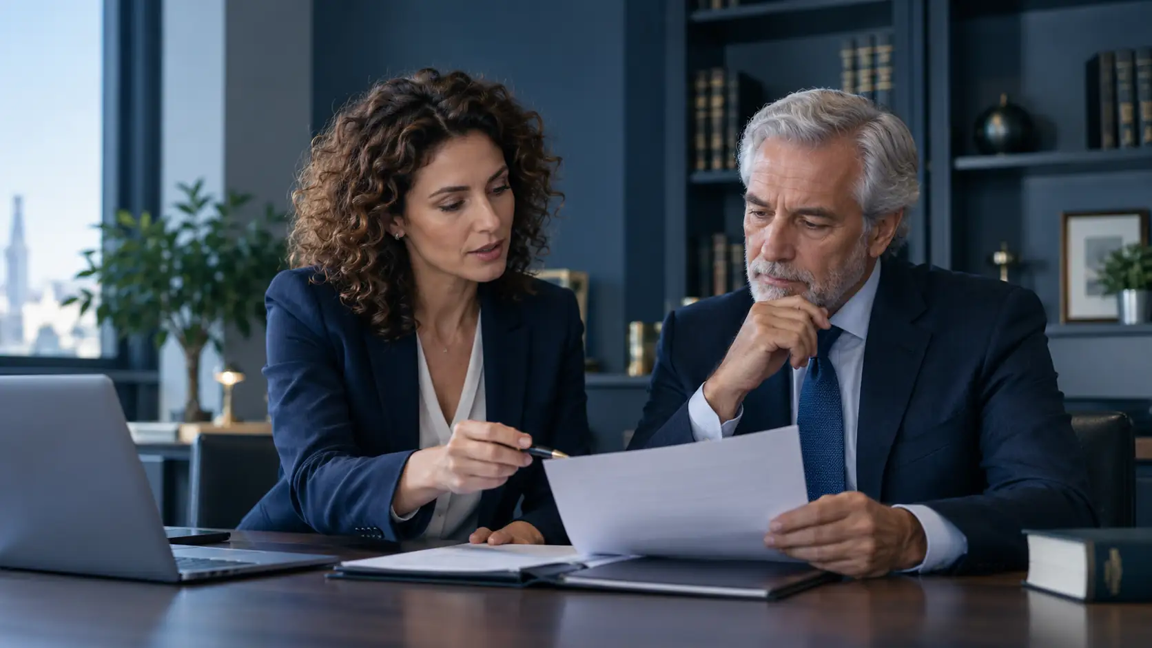 Solicitor and client reviewing a commercial agreement in a law office