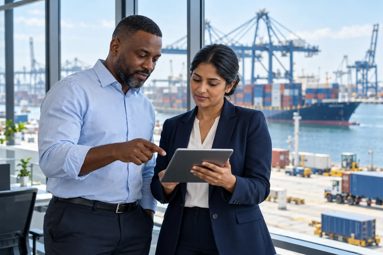 Logistics professionals reviewing shipping documents with a container port in view