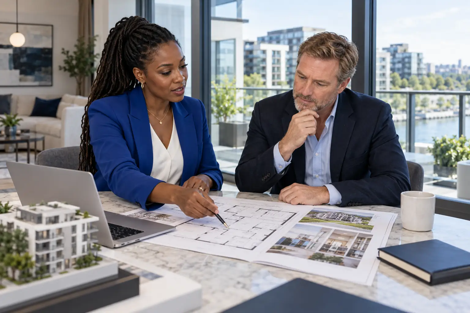 Property adviser and client reviewing a floor plan and agreement