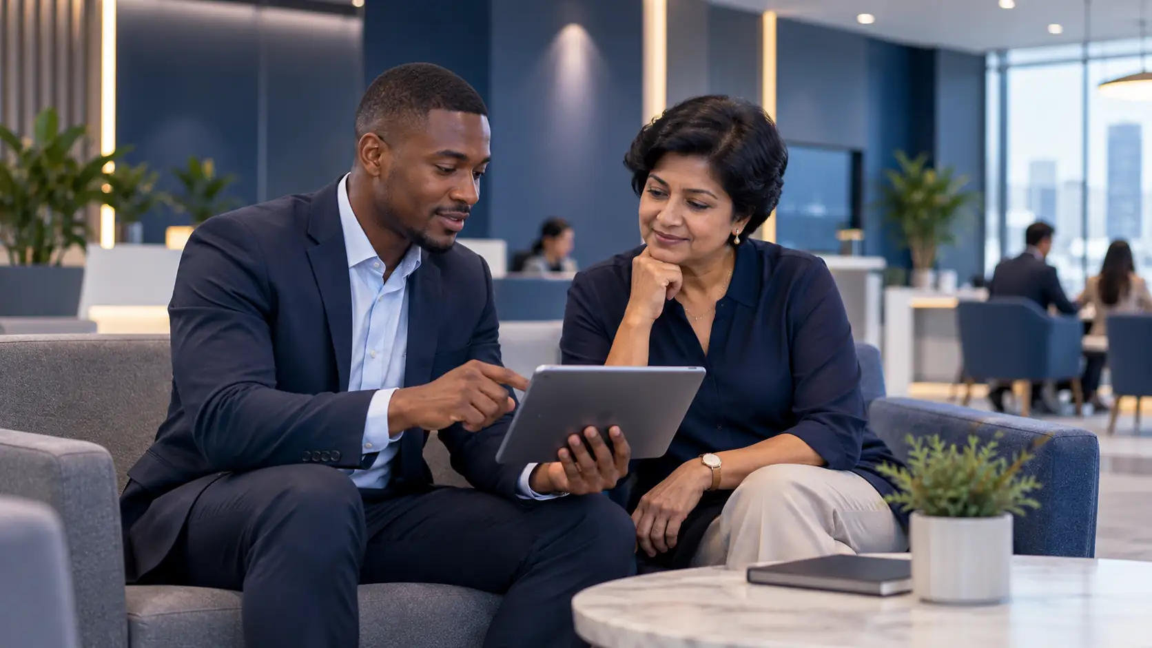 Telecom adviser and business customer reviewing a subscriber agreement