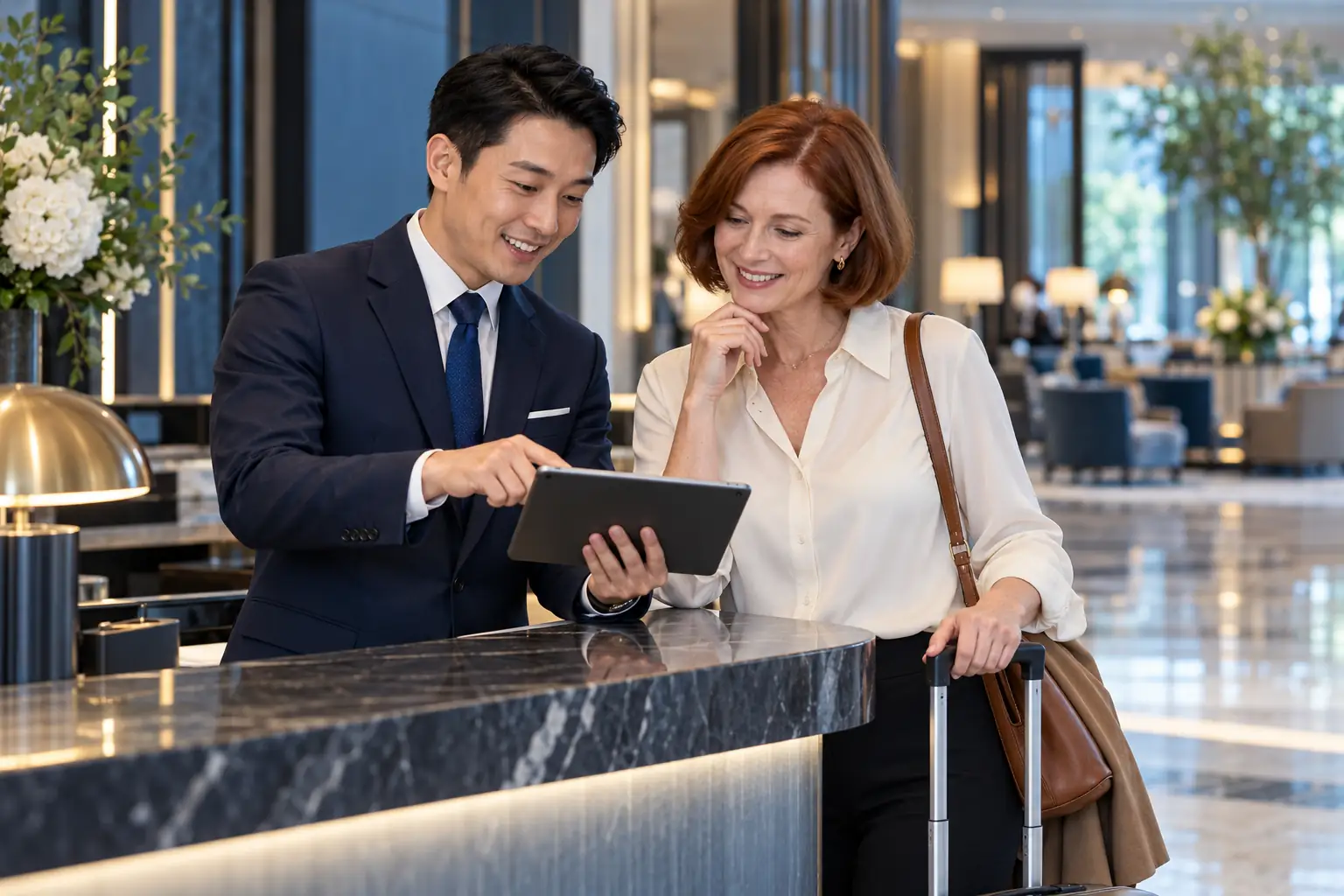 Hotel manager and traveler reviewing guest registration information