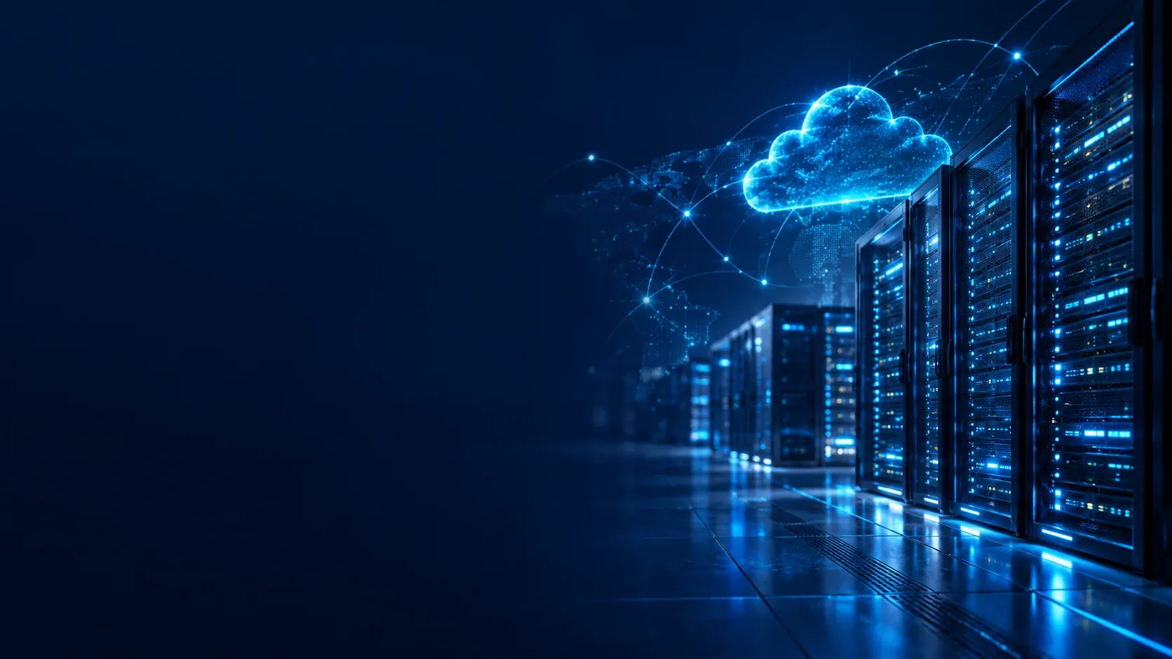 Blue server racks and a cloud illustration represent deployment choices