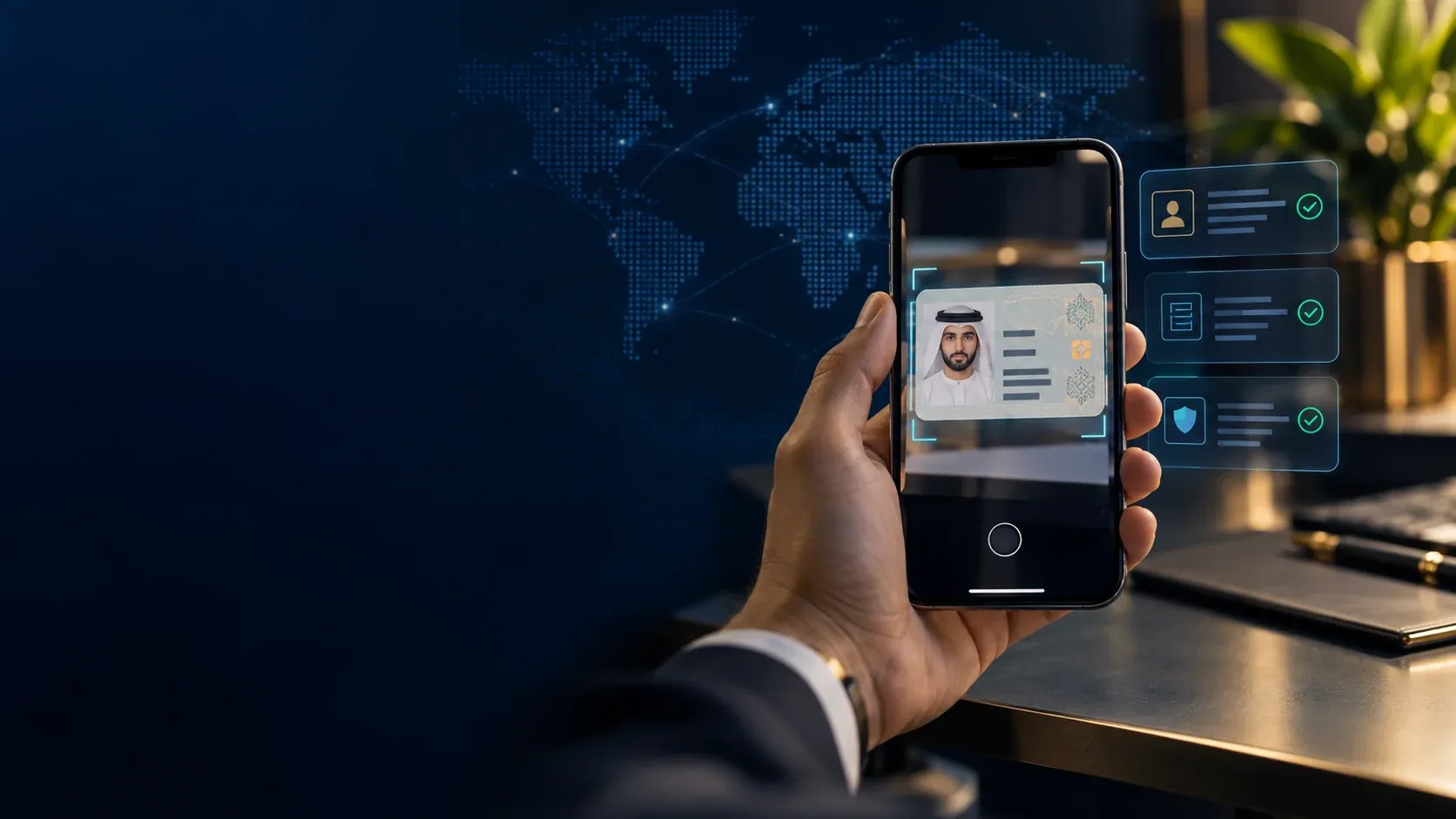 Illustrative phone capture of a fictional identity document beside information tiles
