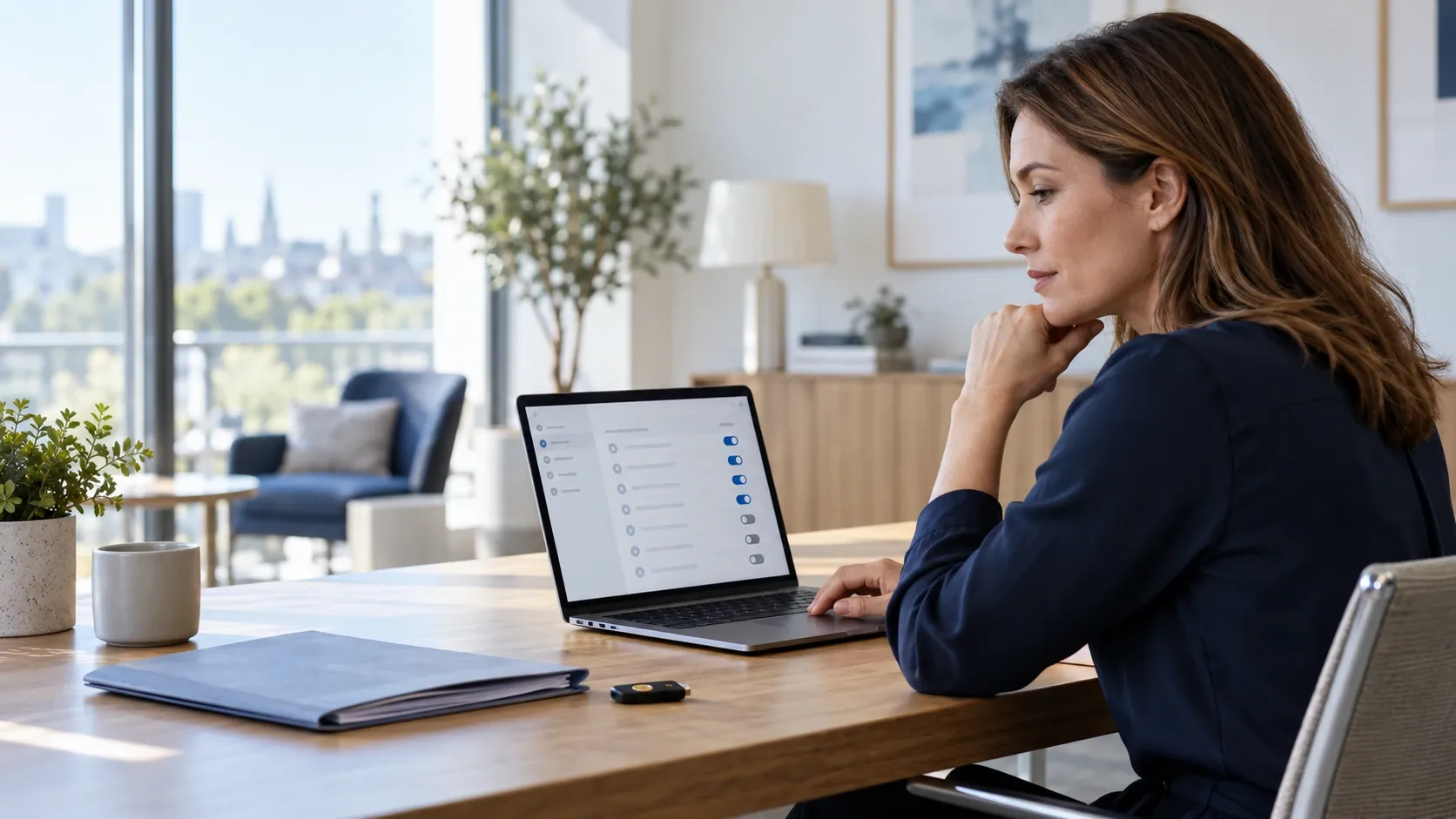 A privacy professional reviews access permissions on a laptop beside a closed records folder